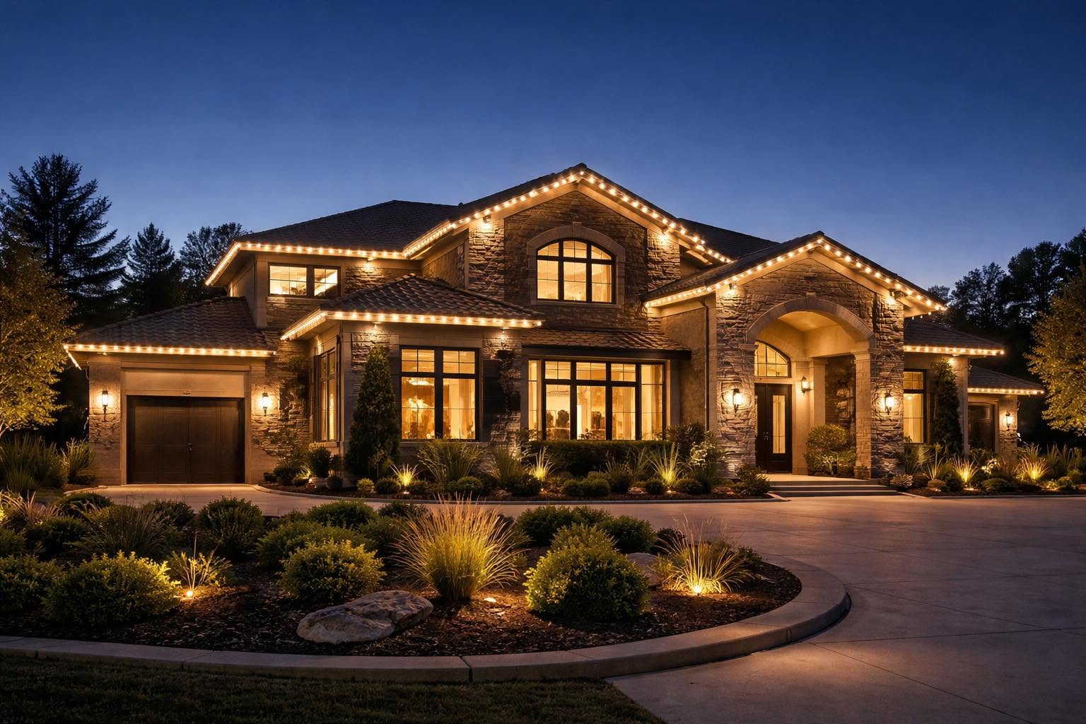 Stone home outlined in warm white permanent lighting