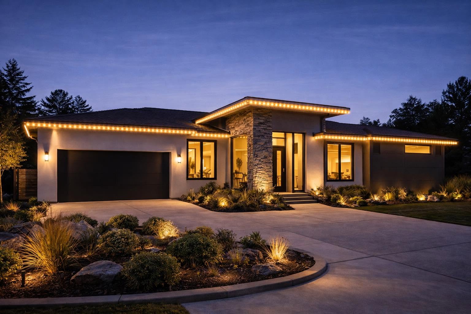 Home lit in vibrant permanent color at night